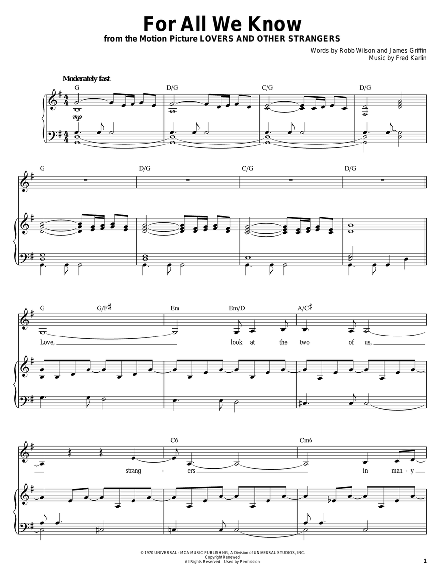 For All We Know For All We Know Piano, Vocal scores gallery preview page 1