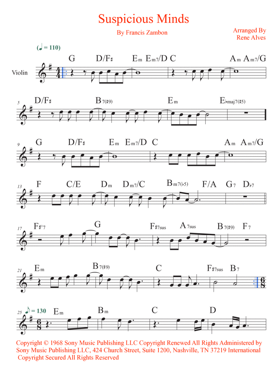 Suspicious Minds Suspicious Minds Violin Solo scores gallery preview page 1