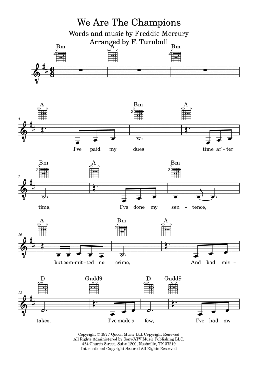 We Are The Champions Piano, Vocal, Guitar scores gallery preview page 1