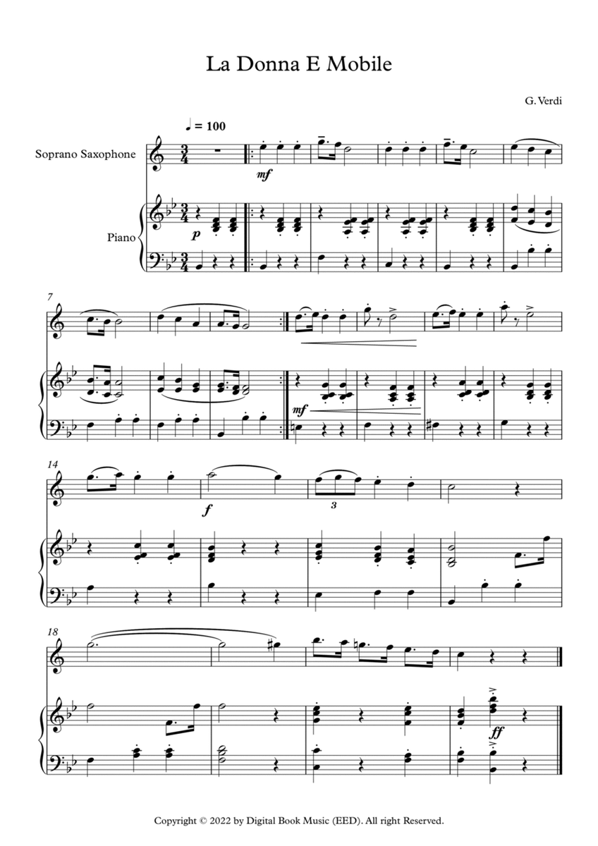 La Donna E Mobile - Giuseppe Verdi (Soprano Sax + Piano) image number null