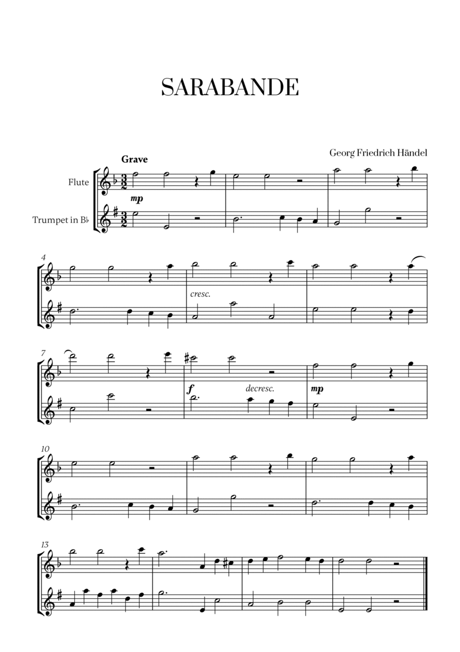 G. F. Haendel - Sarabande (for Flute and Trumpet) Flute scores gallery preview page 1