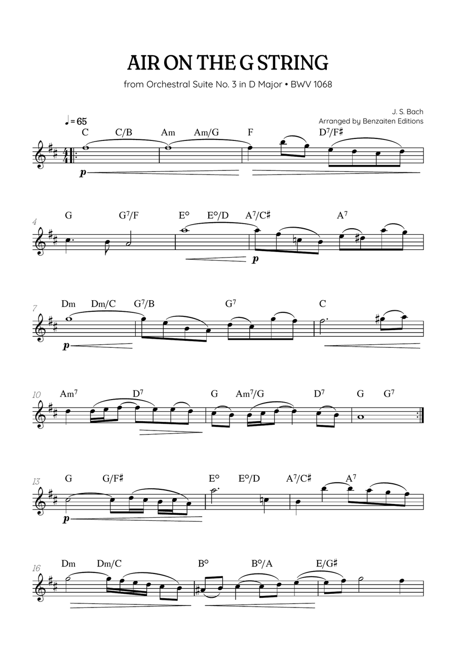 JS Bach • Air on the G String from Suite No. 3 BWV 1068 | trumpet sheet music w/ chords B-Flat Trumpet scores gallery preview page 1