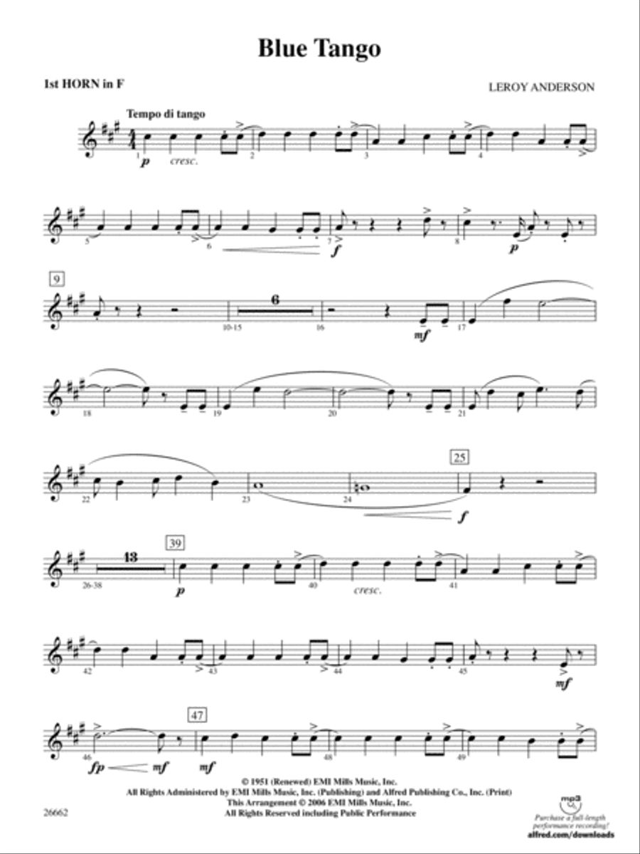 Blue Tango: 1st F Horn Blue Tango: 1st F Horn Full Orchestra scores gallery preview page 1