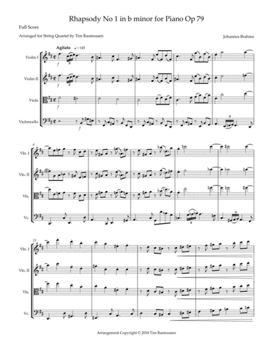 Brahms - Rhapsody No 1 for Piano in b minor Op 79 - Arranged for String Quartet.  Score and parts.