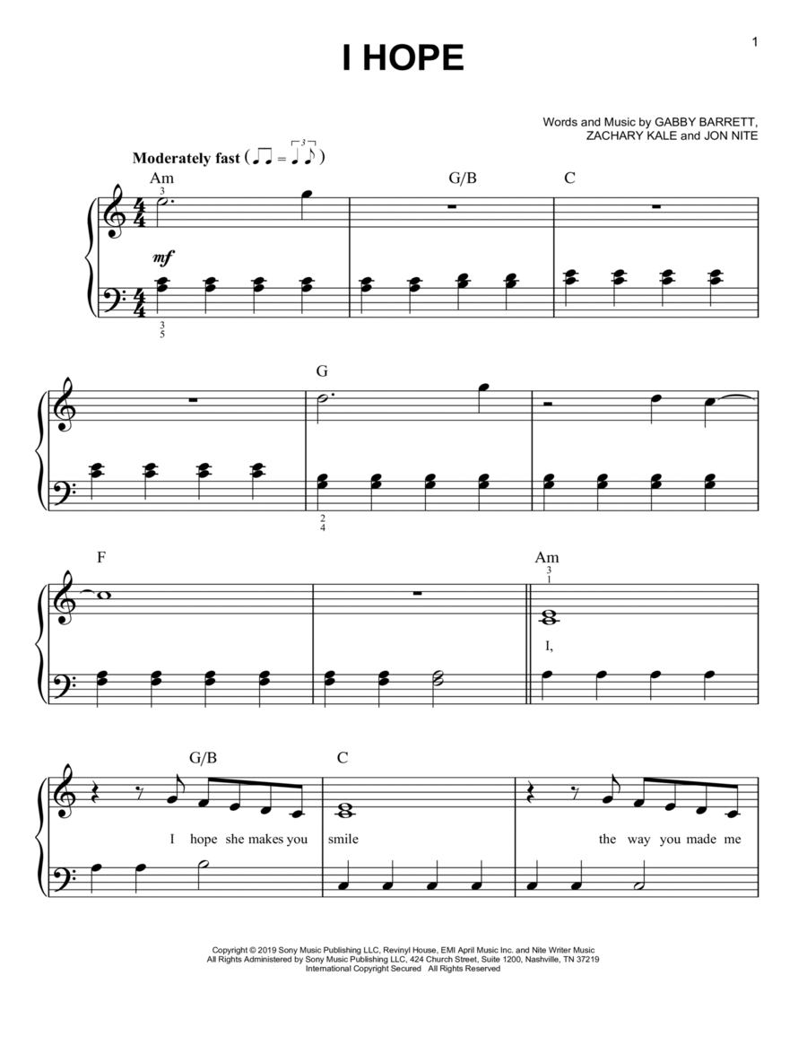 I Hope Easy Piano scores gallery preview page 1