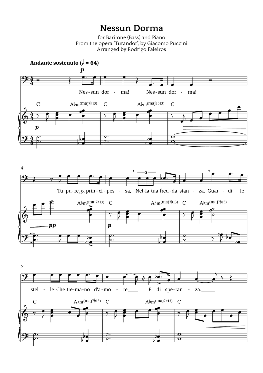 Nessun Dorma (for baritone or bass and piano)