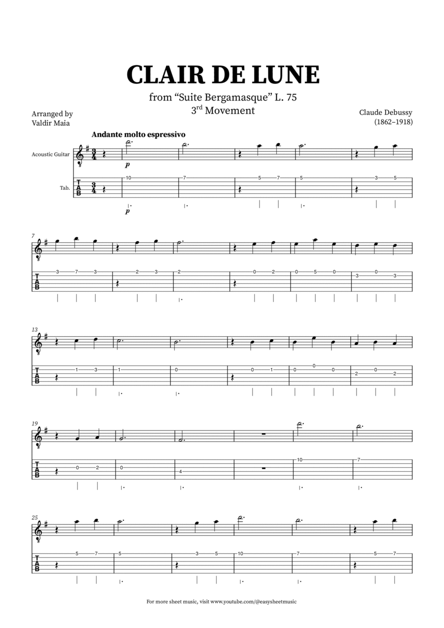 Clair de Lune - Acoustic Guitar with tablature Acoustic Guitar scores gallery preview page 1