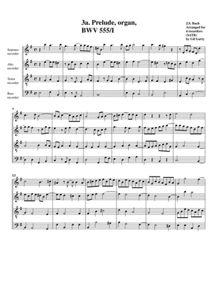 Book cover for Prelude and fugue BWV 555 (arrangement for 4 recorders)