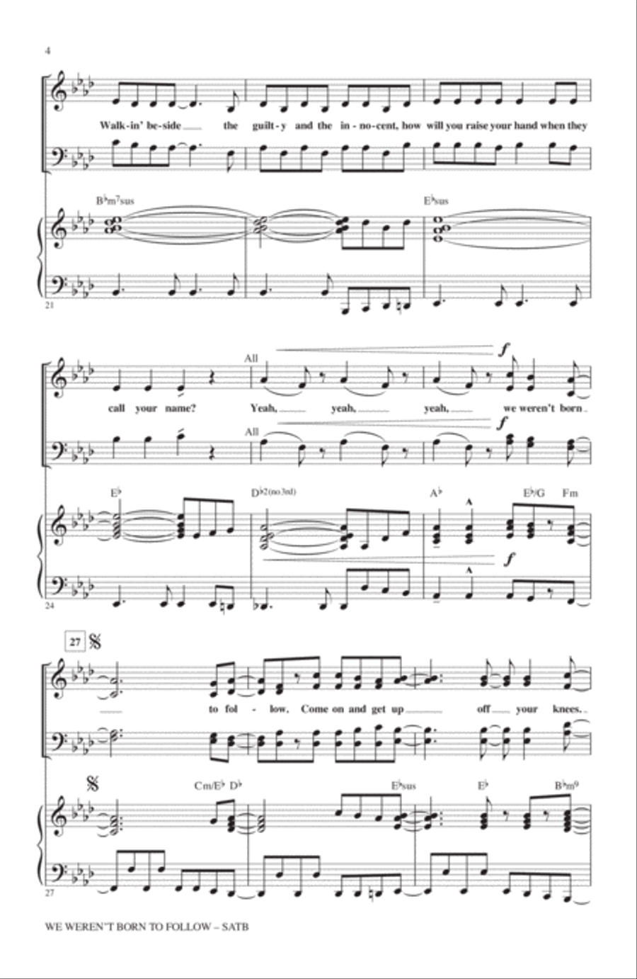 We Weren't Born To Follow 4-Part scores gallery preview page 3