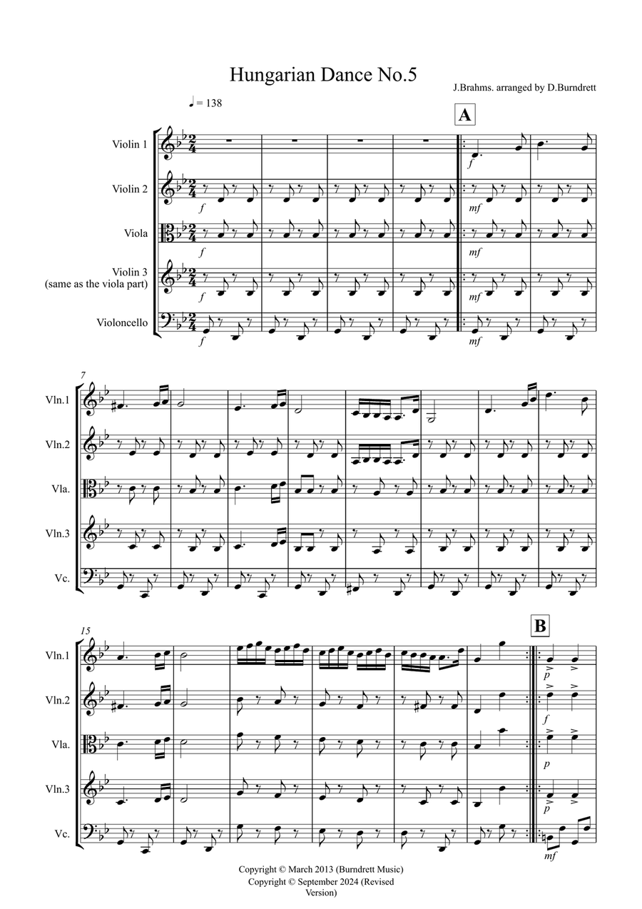 Hungarian Dance No.5 for String Quartet String Quartet scores gallery preview page 1
