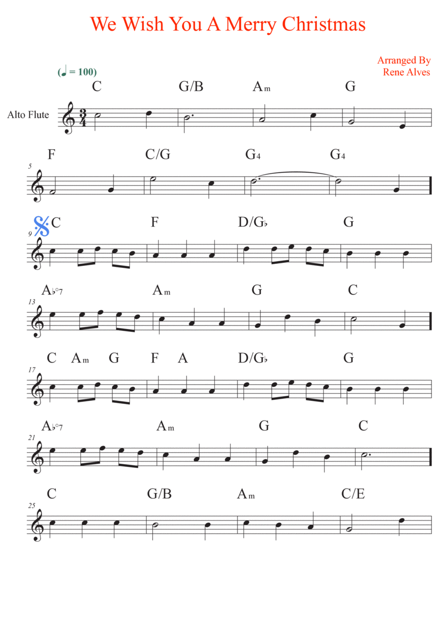 We Wish You A Merry Christmas, sheet music and alto flute melody for the beginning musician (easy). Flute Solo scores gallery preview page 1