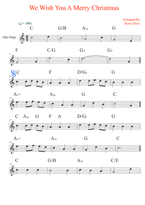 We Wish You A Merry Christmas, sheet music and alto flute melody for the beginning musician (easy).
