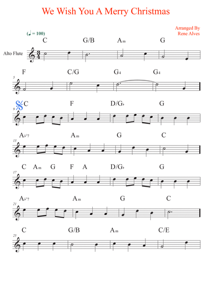 We Wish You A Merry Christmas, sheet music and alto flute melody for the beginning musician (easy). image number null