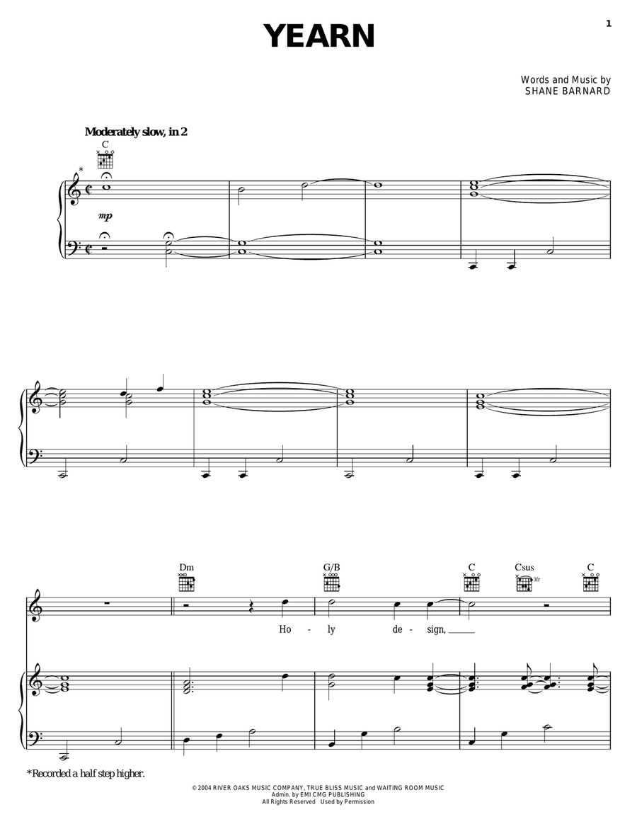 Yearn Piano, Vocal, Guitar scores gallery preview page 1