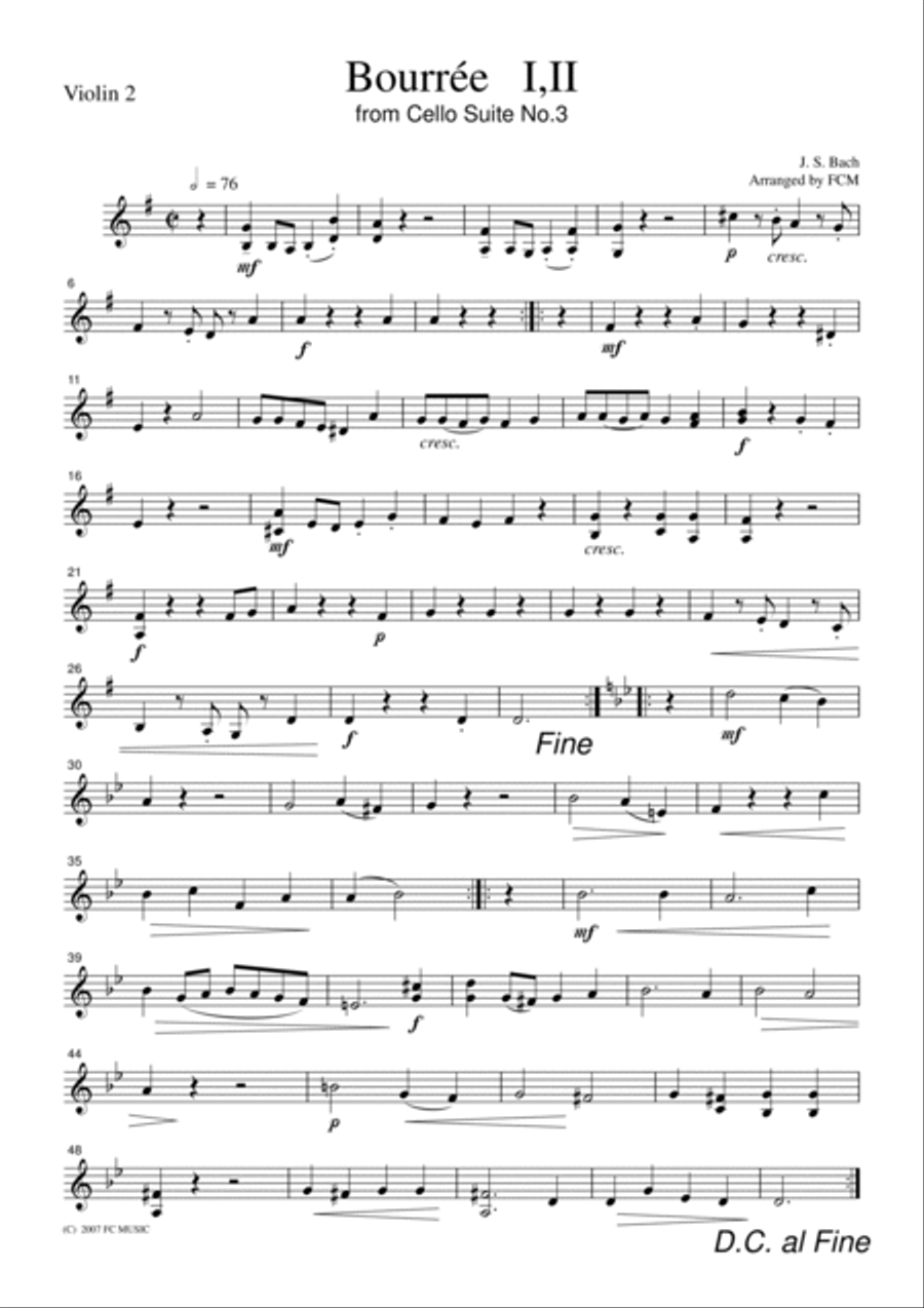 J.S.Bach Bourree I,II from Cello Suite No.3, for string quartet, CB219 String Quartet scores gallery preview page 2