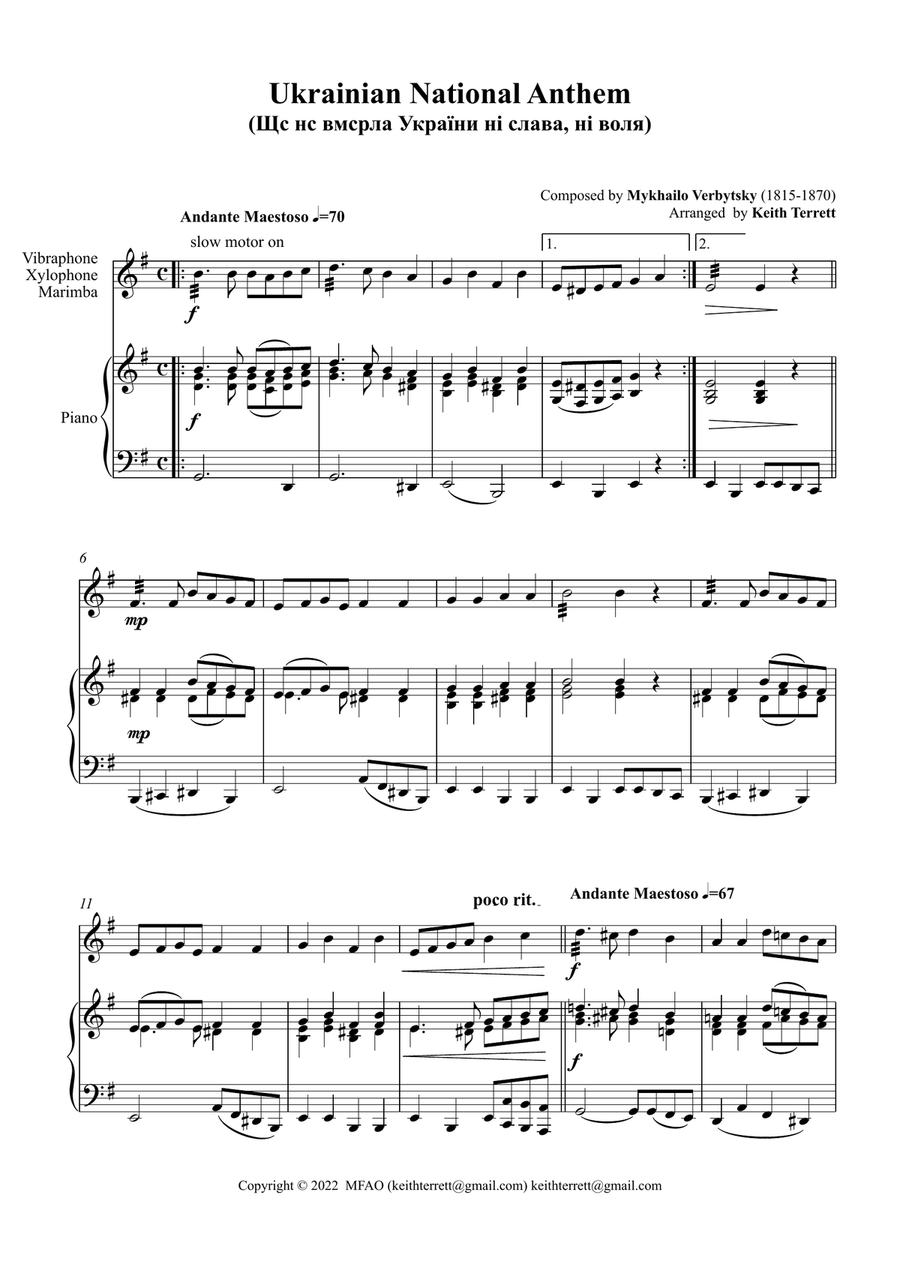 Ukrainian National Anthem for Vibraphone & Piano MFAO World National Anthem Series Small Ensemble scores gallery preview page 2