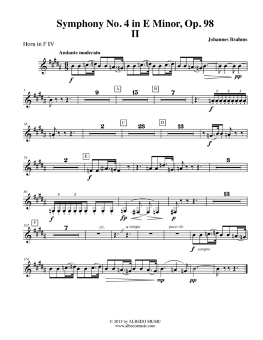 Brahms Symphony No. 4, Movement II - Horn in F 4 (Transposed Part), Op. 98 Horn Solo scores gallery preview page 1