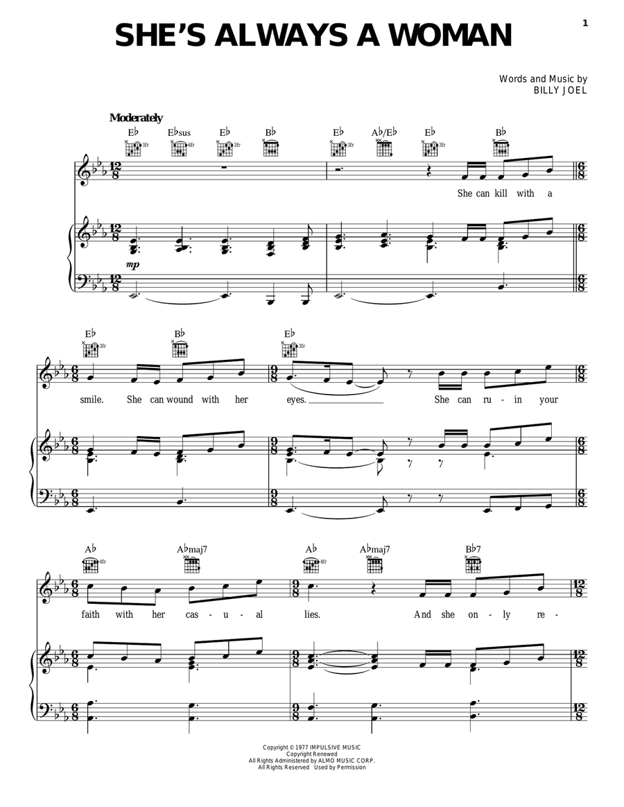 She's Always A Woman Piano, Vocal, Guitar scores gallery preview page 1