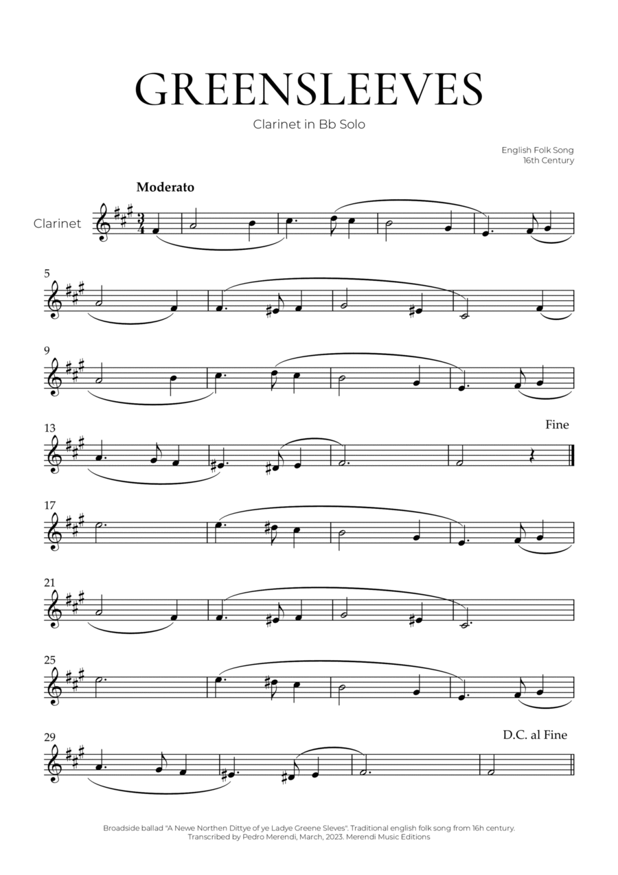 Greensleeves (Clarinet Solo) - English Folk Song B-Flat Clarinet scores gallery preview page 1