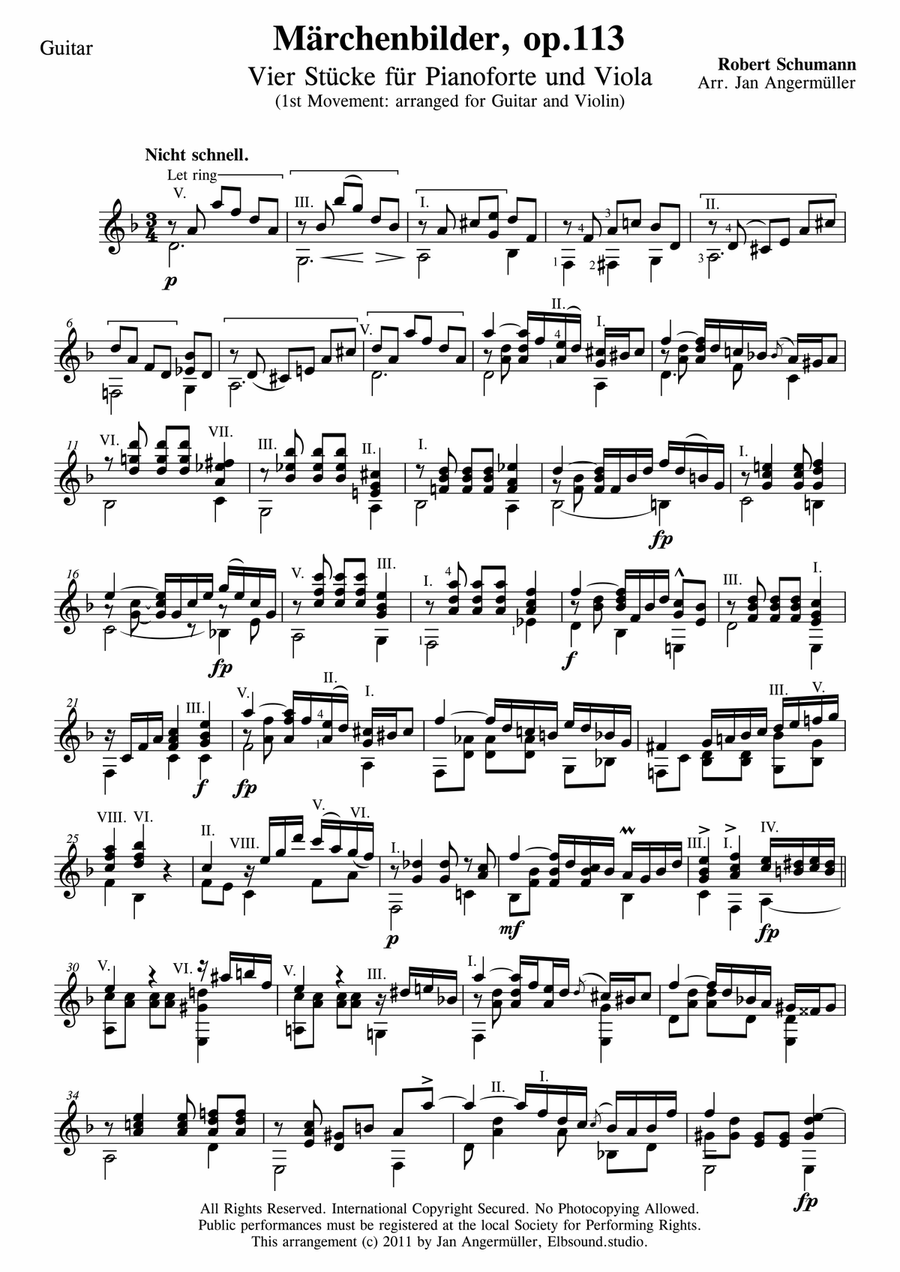 Märchenbilder, op.113, 1st Movement (Duet for Classical Guitar+Violin) String Duet scores gallery preview page 1