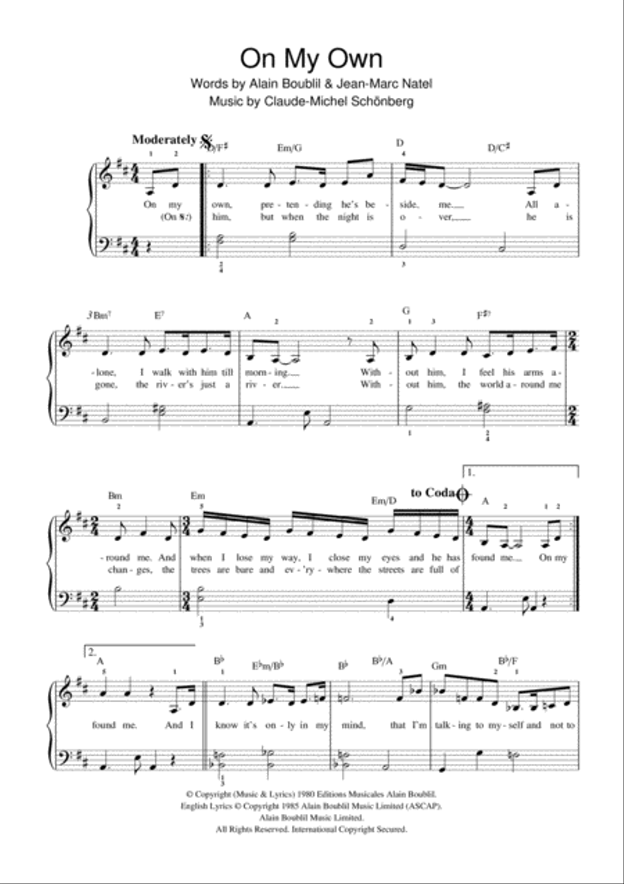On My Own (from Les Miserables) Easy Piano scores gallery preview page 1