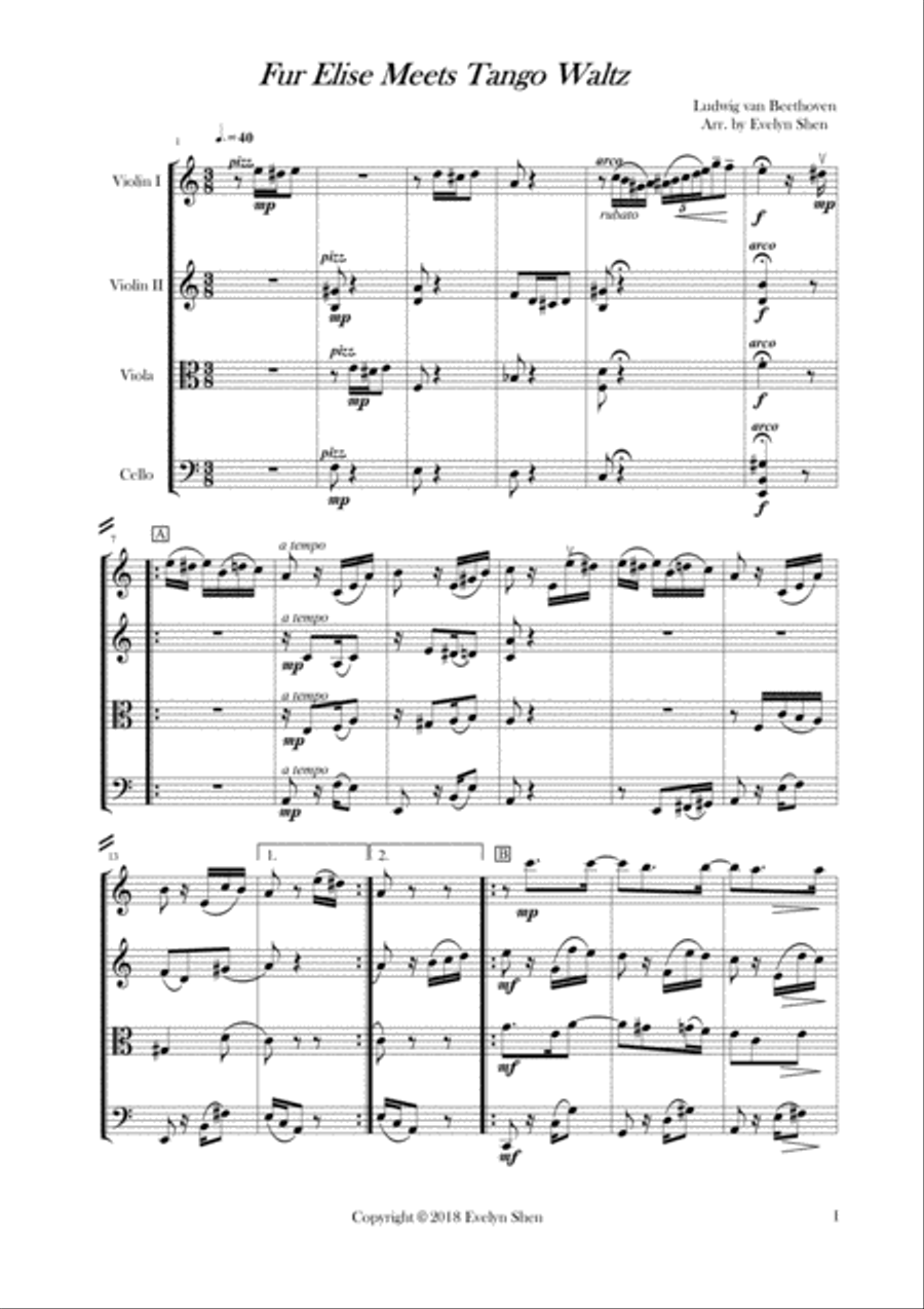 Für Elise Meets Tango Waltz String Quartet scores gallery preview page 2
