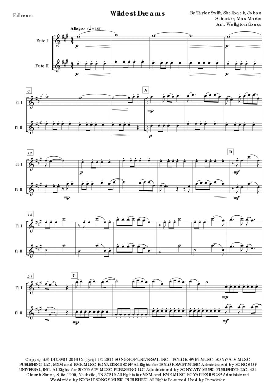 Wildest Dreams Flute Duet scores gallery preview page 1