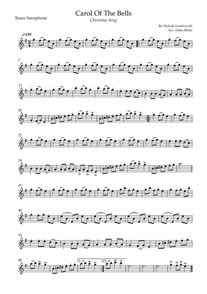 Carol Of The Bells (Christmas Song) for Tenor Saxophone Solo (D Minor)