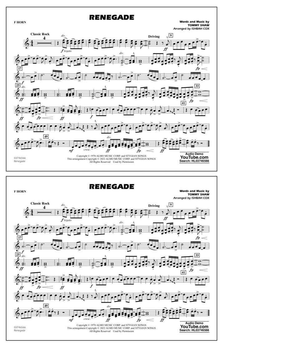 Renegade (arr. Ishbah Cox) - F Horn Marching Band scores gallery preview page 1