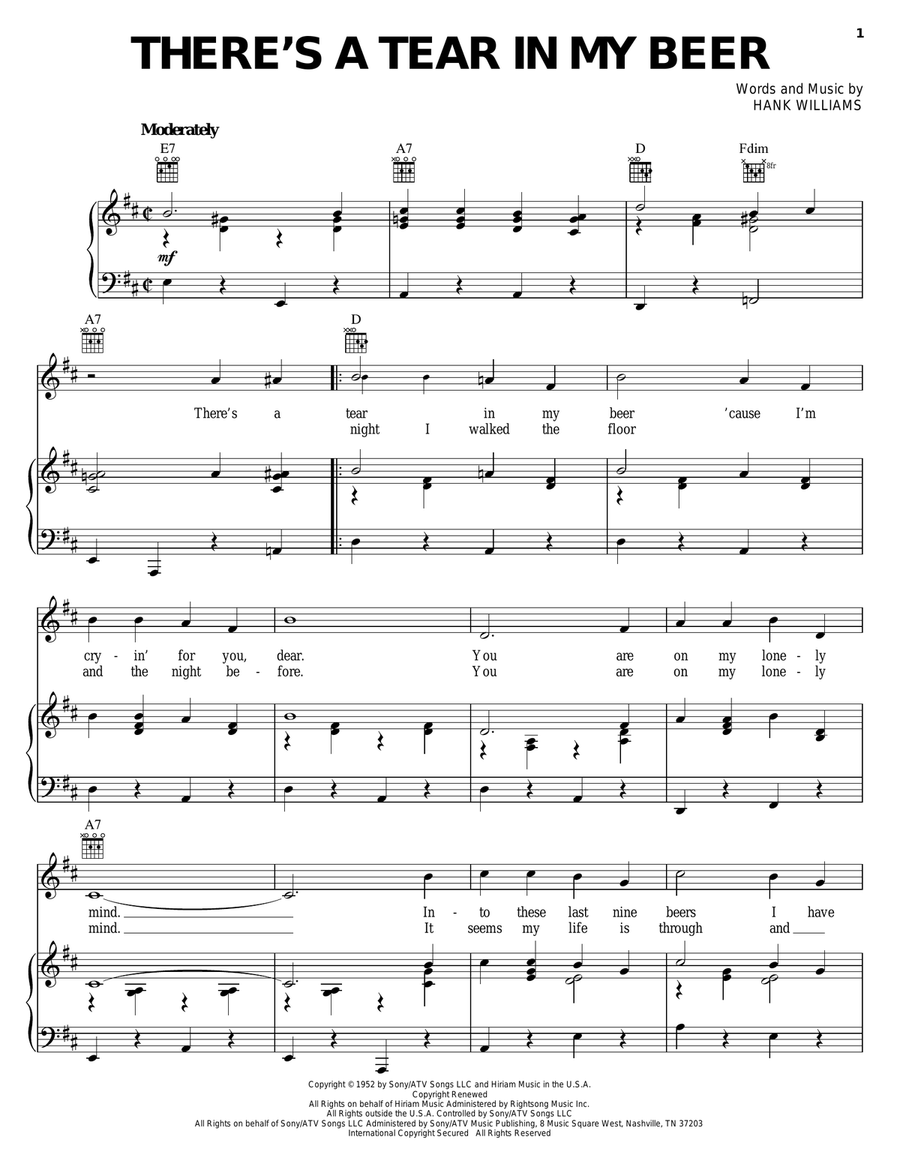 There's A Tear In My Beer Piano, Vocal, Guitar scores gallery preview page 1