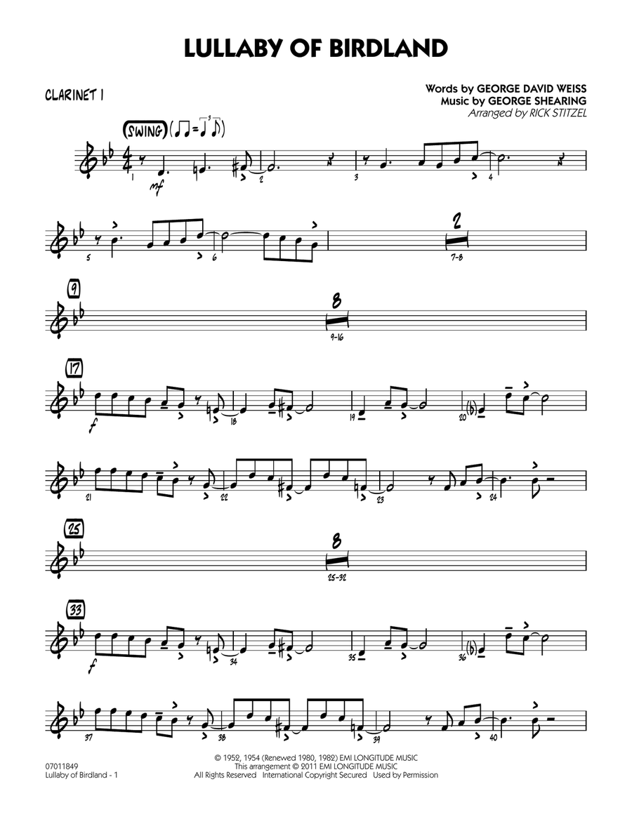 Lullaby Of Birdland - Bb Clarinet 1 Jazz Ensemble scores gallery preview page 1