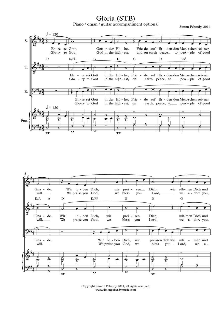 Gloria 2014 (in English and German) for 3 voices STB and optional piano/guitar by Simon Peberdy STB scores gallery preview page 1