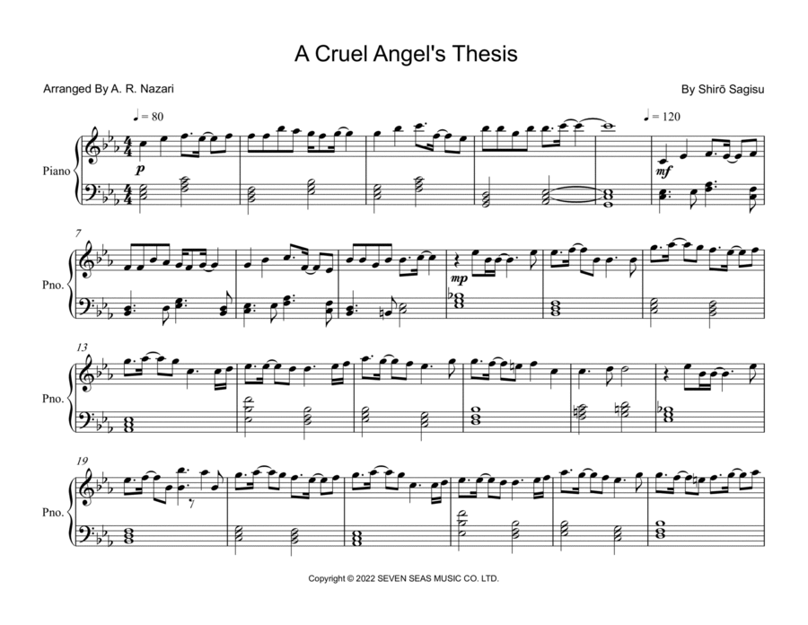 A Cruel Angel's Thesis Easy Piano scores gallery preview page 1
