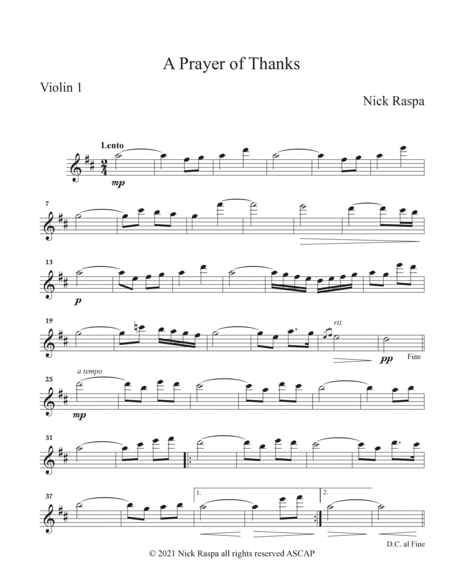 A Prayer of Thanks (Two Violins) Violin 1 part String Duet scores gallery preview page 1