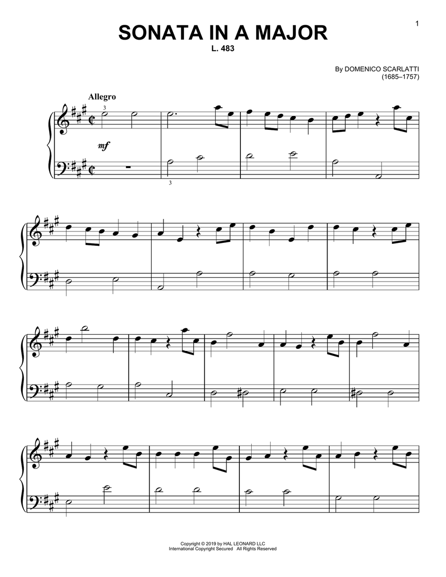 Sonata In A Major, L. 483 Easy Piano scores gallery preview page 1