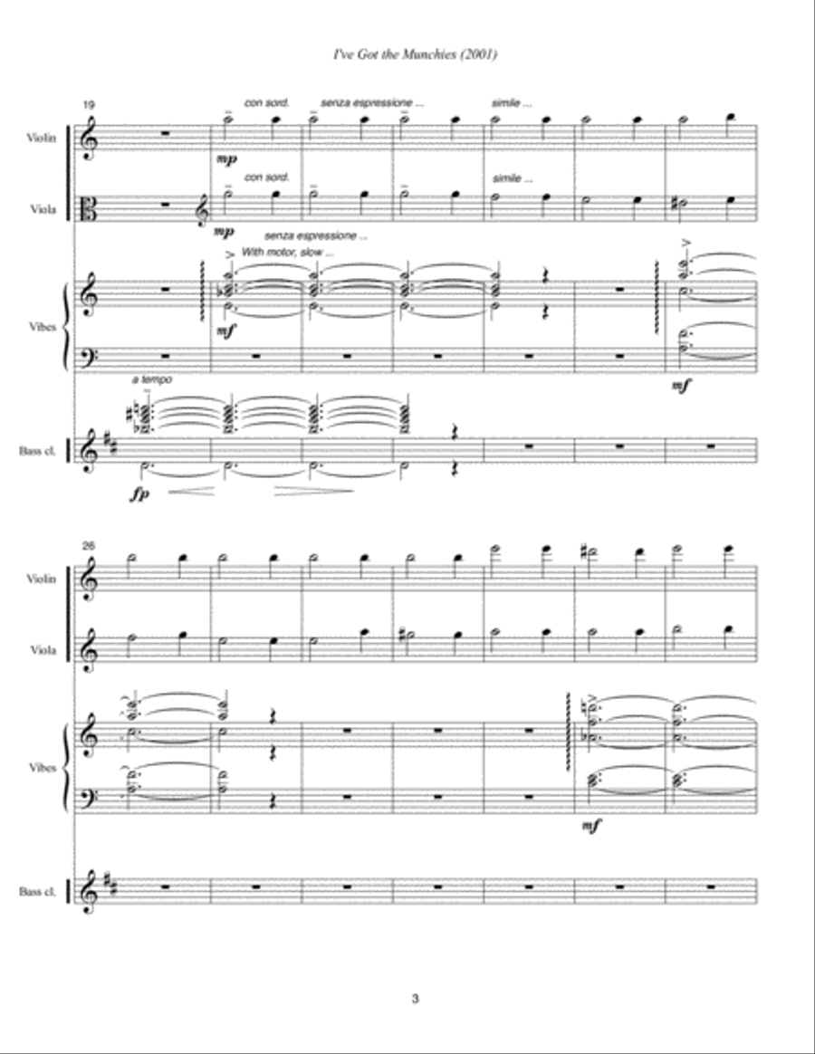 I've Got the Munchies (2001) for violin, viola, bass clarinet in B-flat and vibraphone. Small Ensemble scores gallery preview page 5