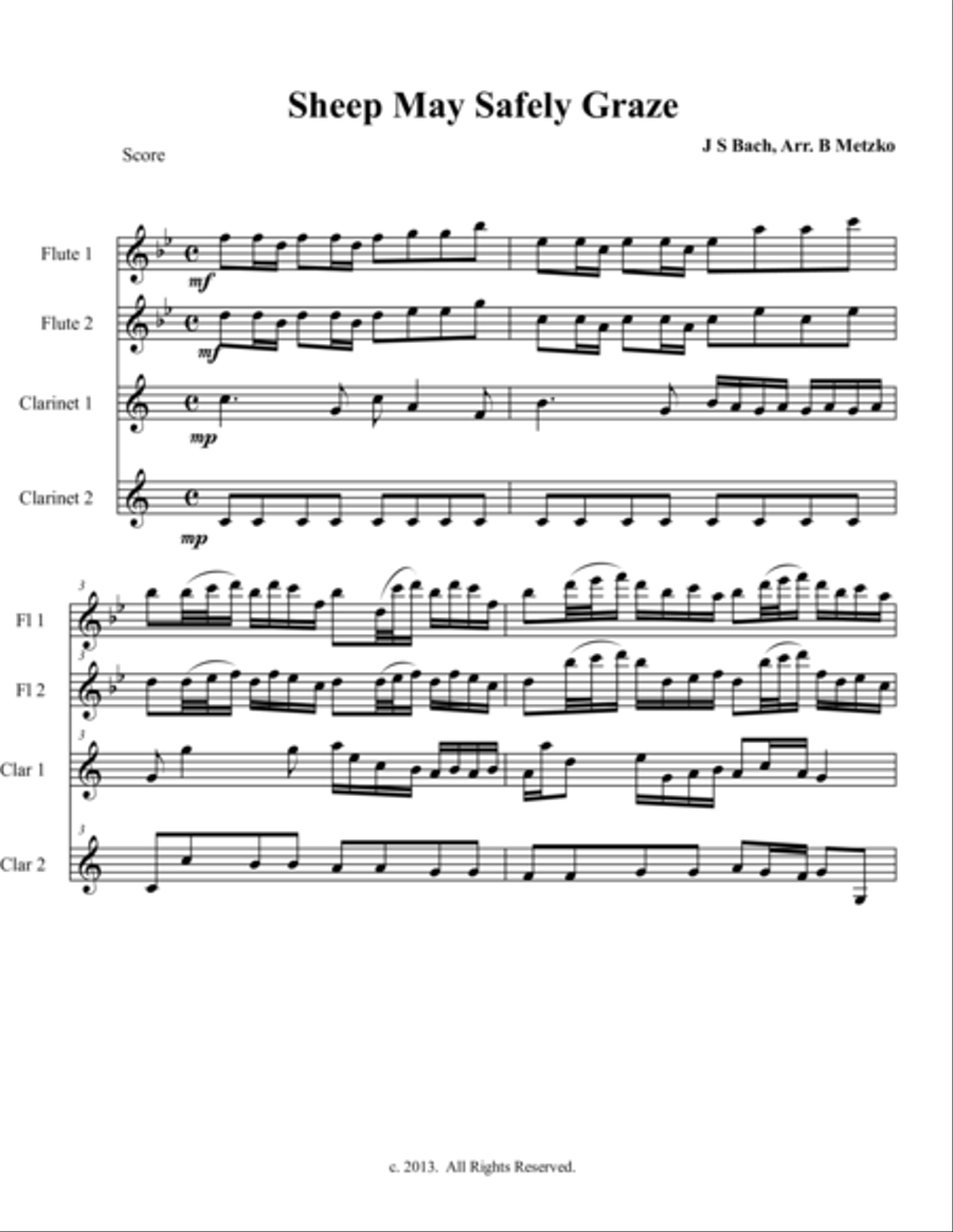 Sheep May Safely Graze for 2 flutes and 2 clarinets Woodwind Quartet scores gallery preview page 1
