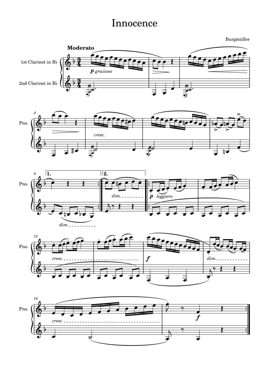 Burgmüller: Innocence for two clarinets Clarinet Duet scores gallery preview page 1