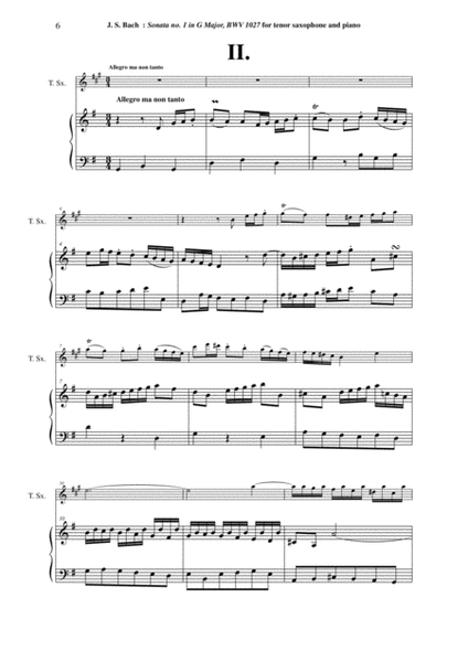 J. S. Bach: "Viola da Gamba" Sonata no. 1 in G major, BWV 1027, arranged for tenor saxophone and pi