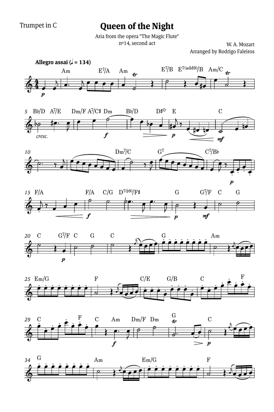Queen of the Night - for solo trumpet in C (with chords) Chamber Music scores gallery preview page 1