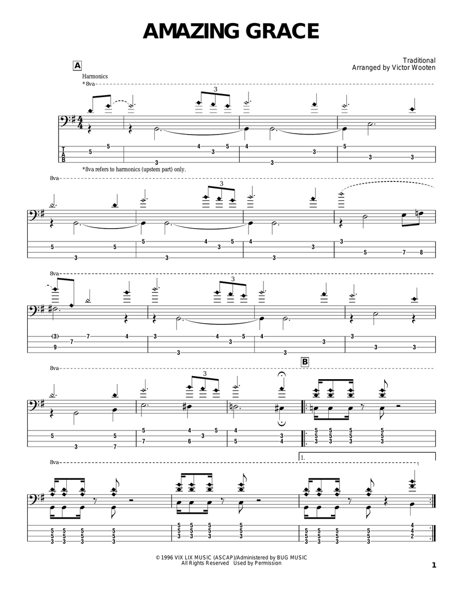 Amazing Grace Bass Guitar Tablature scores gallery preview page 1