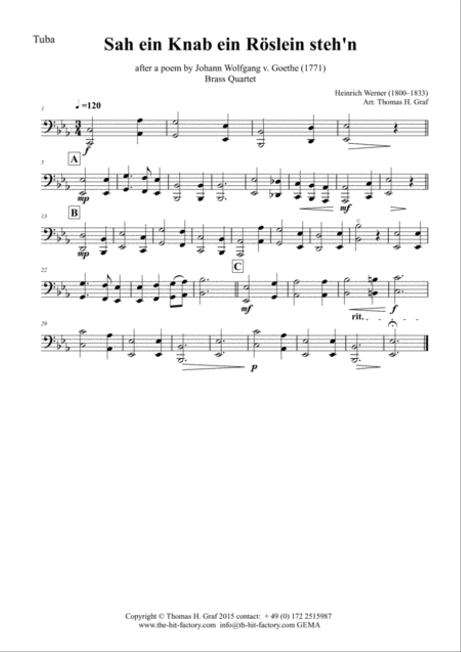 Sah ein Knab ein Roeslein stehn - German Folk Song - Brass Quartet Brass Quartet scores gallery preview page 5