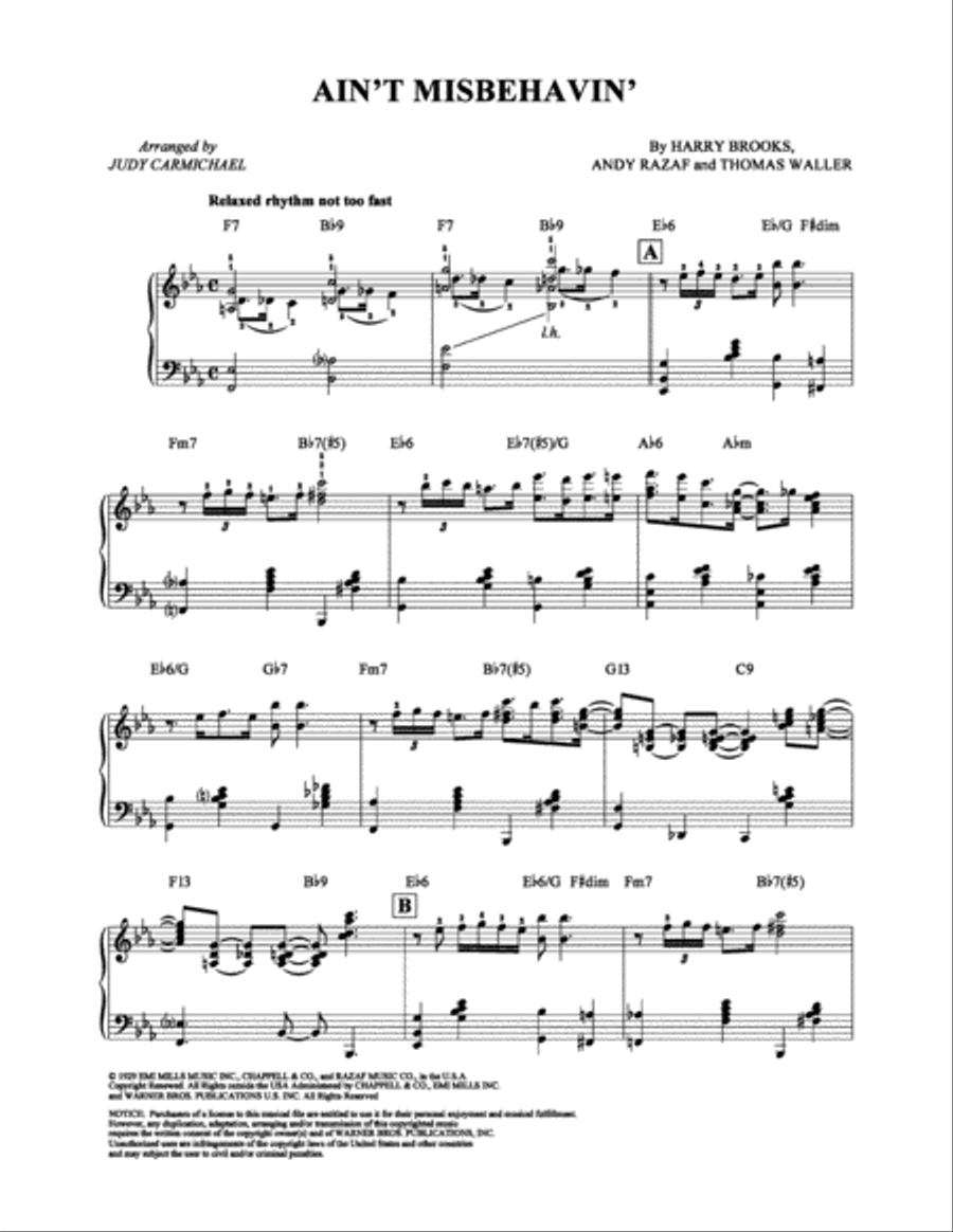 Ain't Misbehavin' Ain't Misbehavin' Piano Solo scores gallery preview page 1