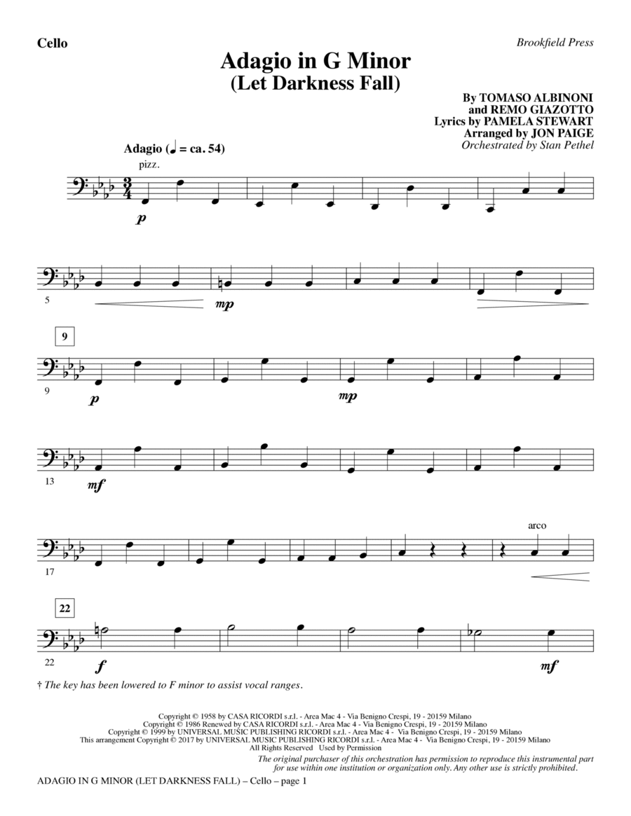 Adagio In G Minor Let Darkness Fall Cello by Tomaso Giovanni Albinoni Choir Digital Sheet Music Sheet Music Plus