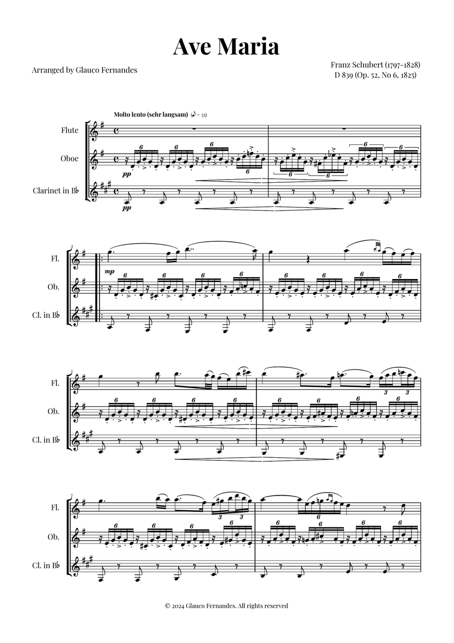 Ave Maria by Schubert for Woodwind Trio (Flute, Oboe, Clarinet) Woodwind Trio scores gallery preview page 1