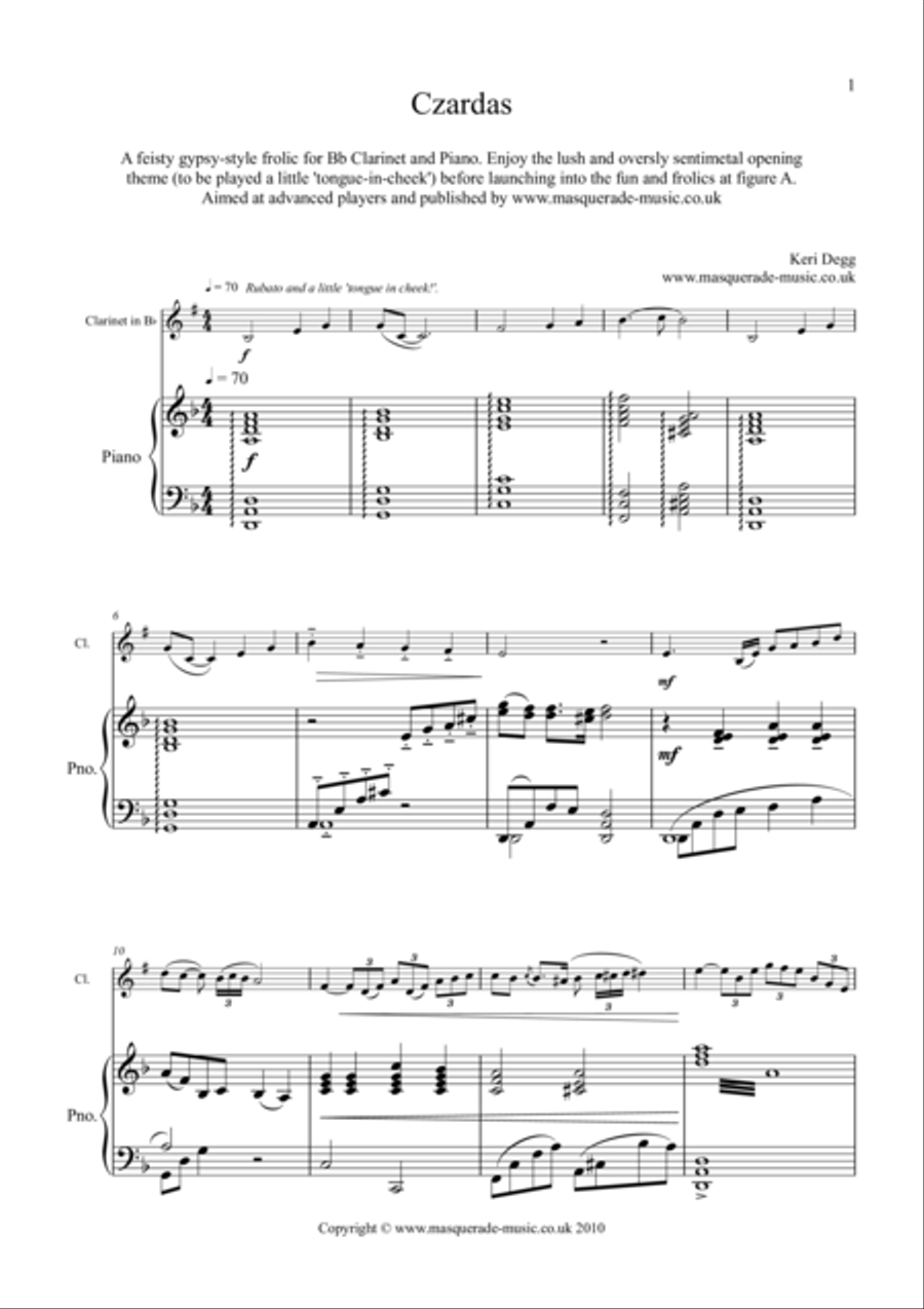 Czardas - A feisty gypsy-style romp for Bb Clarinet & Piano. No safety net supplied! B-Flat Clarinet scores gallery preview page 1