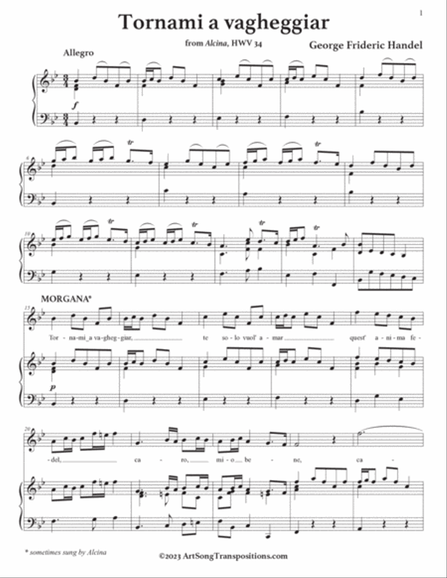 HANDEL: Tornami a vagheggiar (transposed to B-flat major) Voice scores gallery preview page 2