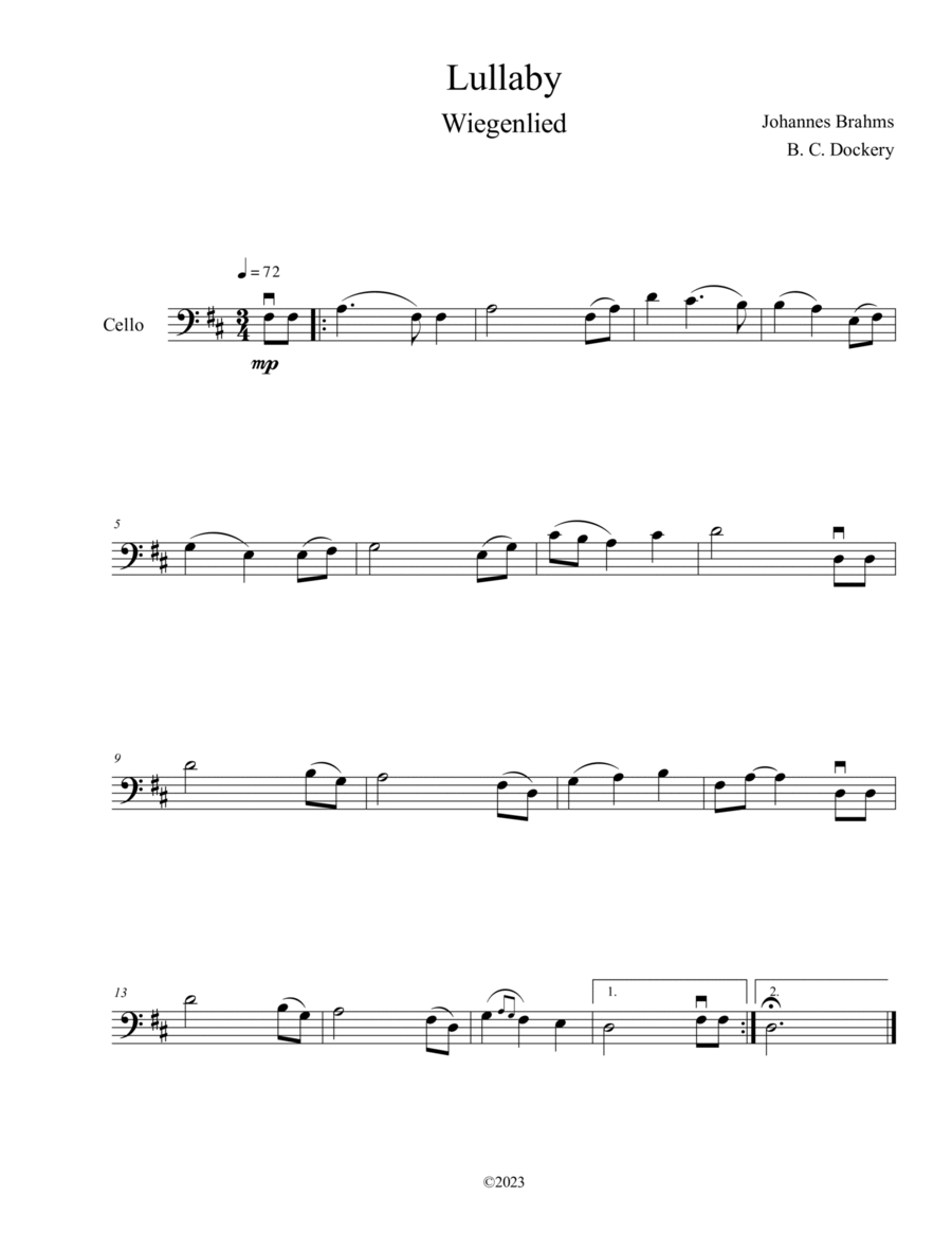 Brahms's Lullaby (Cello Solo) Cello Solo scores gallery preview page 1