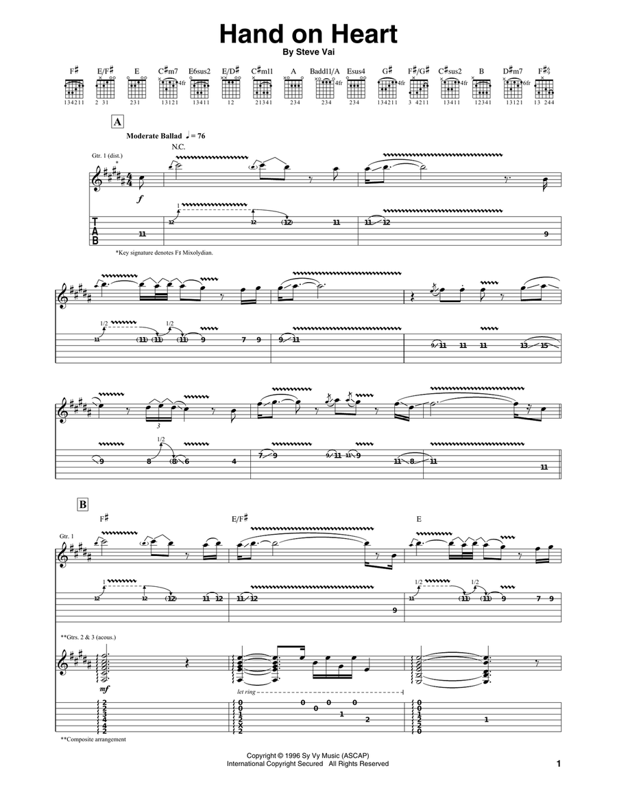 Hand On Heart Guitar Tablature scores gallery preview page 1