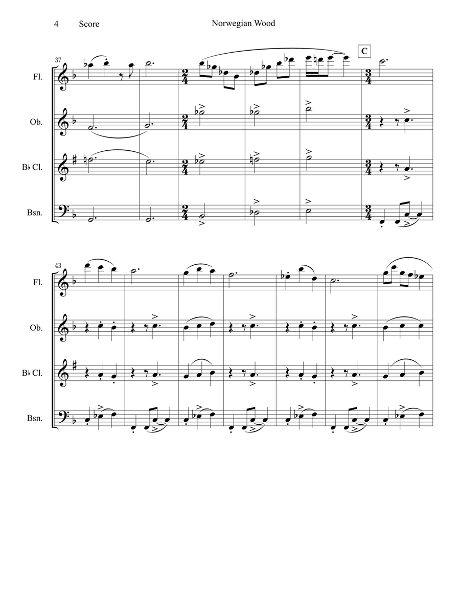 Norwegian Wood (This Bird Has Flown) Woodwind Quartet scores gallery preview page 5